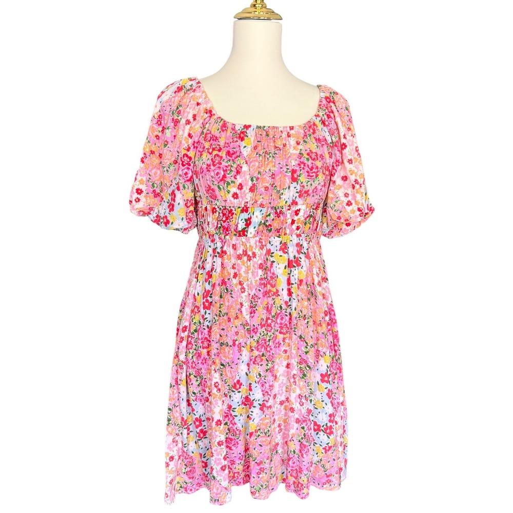 Angie Floral Rayon Mini Dress Womens L Smocked Puff Sleeve Cottagecore Boho